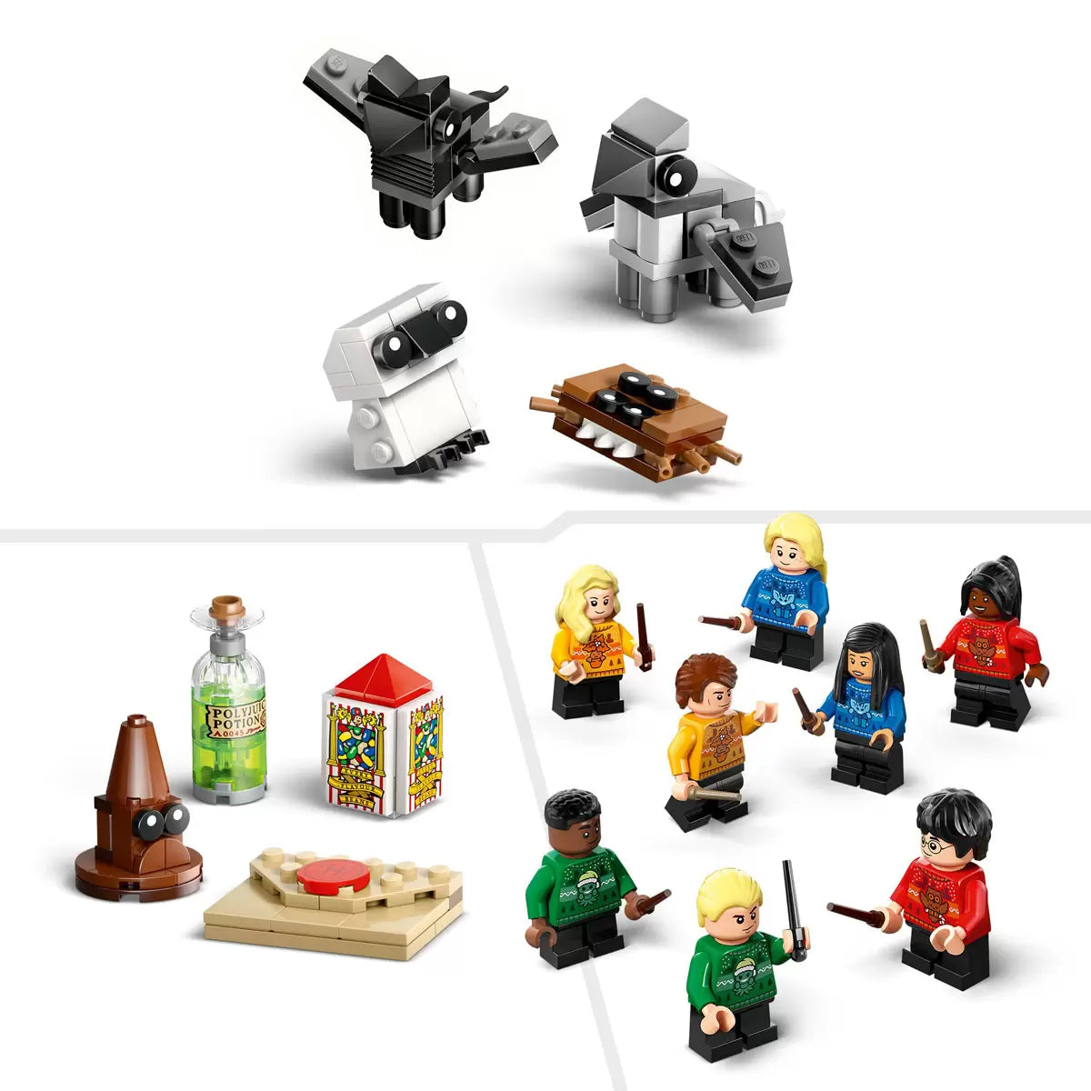 LEGO Harry Potter characters in Hogwarts Christmas jumpers
