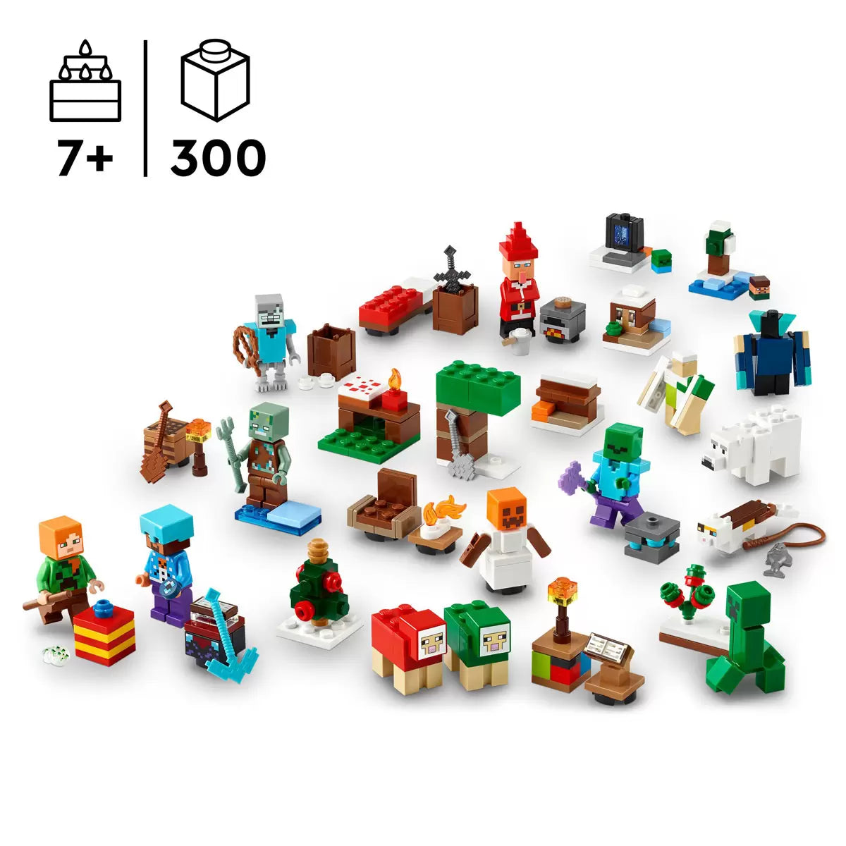 LEGO Minecraft Advent Calendar minifigures including Steve, Alex, and Santa Villager