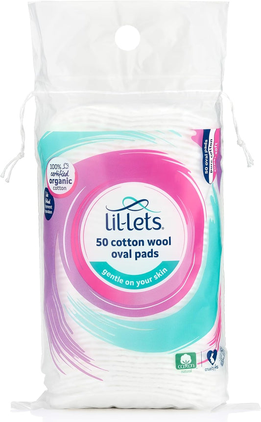 Lil-Lets Cotton Wool Oval Pads, 50 Count – Certified Organic, 100% Pure Cotton Wool, Extra Large, Soft and Absorbent, Gentle on Skin, Dermatologically Tested