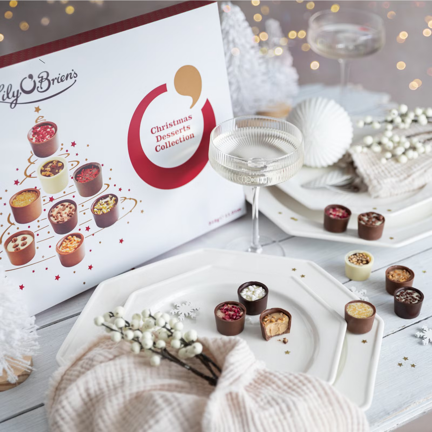 Gourmet milk, dark, and white chocolates inspired by classic desserts with a seasonal twist