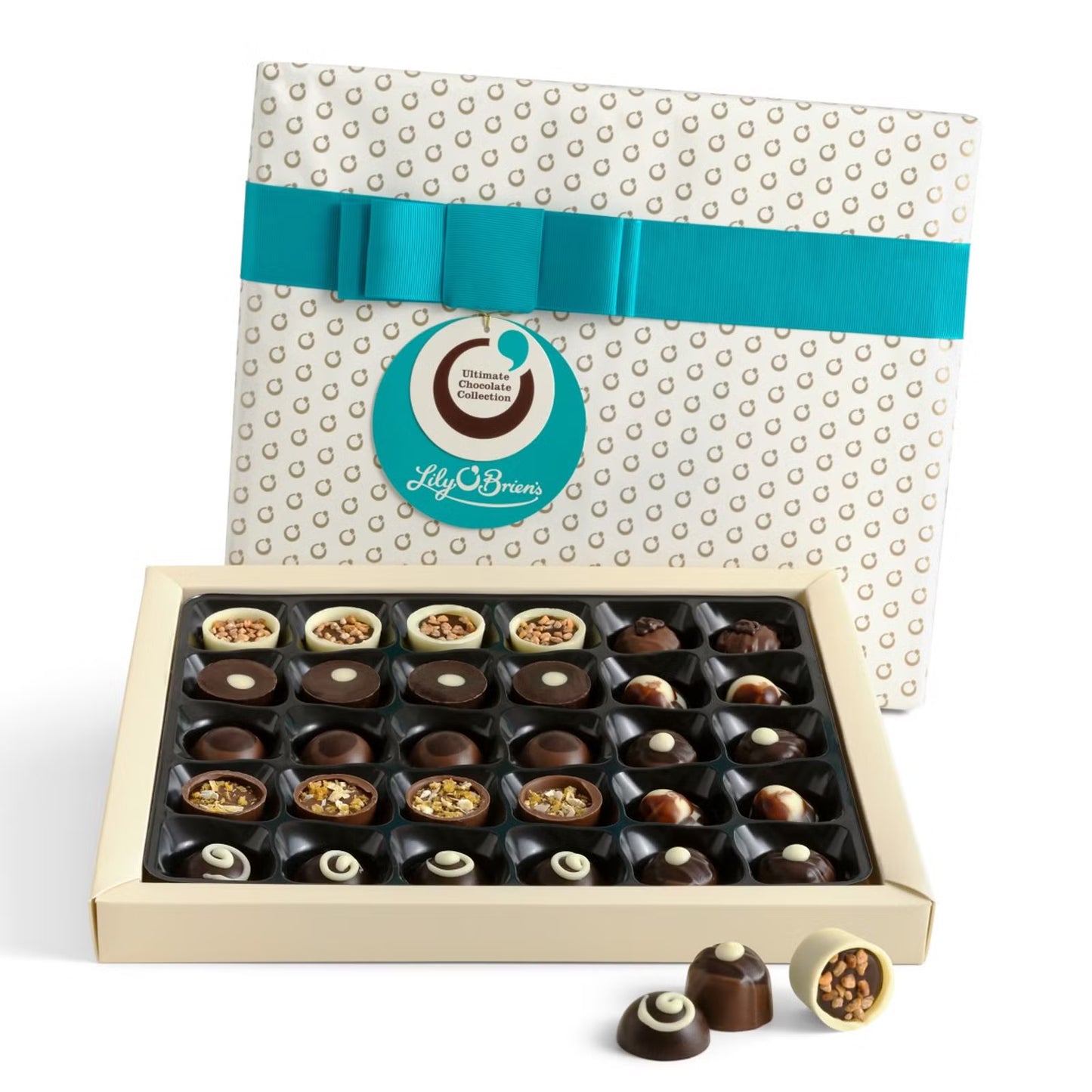 Premium turquoise-bow gift box of 30 luxury chocolates from Lily O’Brien