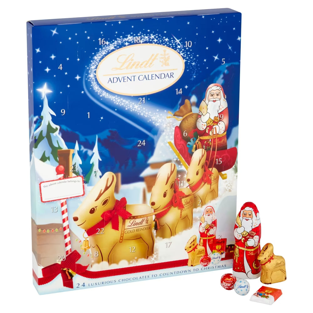 Lindt Advent Calendar 160g with premium Reindeer, Lindor, and Santa chocolates