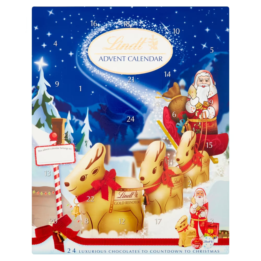 160g Lindt Advent Calendar featuring assorted festive chocolates