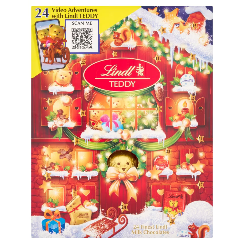 Lindt TEDDY AR Advent Calendar 250g with milk chocolates, truffles, and gold reindeer