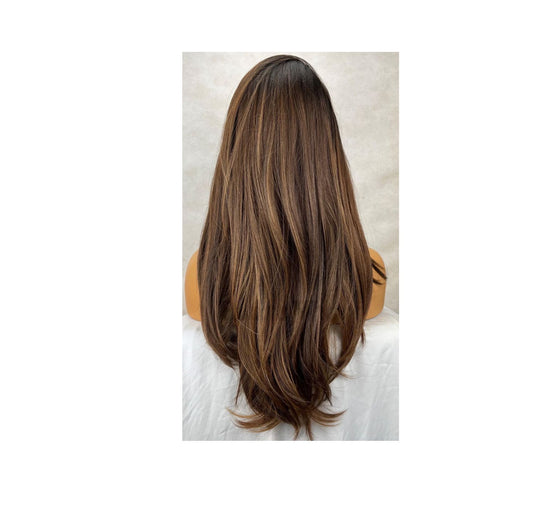 Human hair blend brunette wig with light streaks