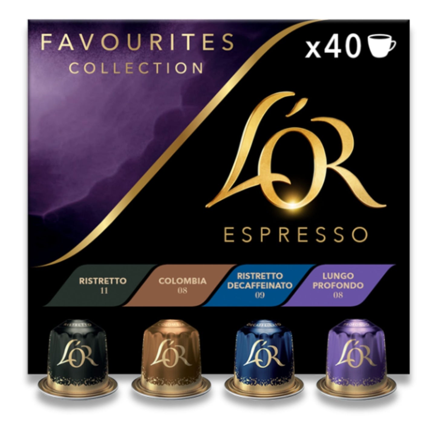 L’OR coffee selection including Ristretto, Colombia, Lungo, and Decaf pods