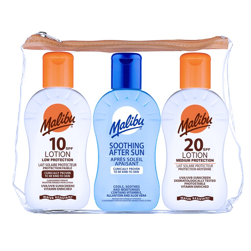 Malibu Sun travel sunscreen set SPF10 SPF20 after sun