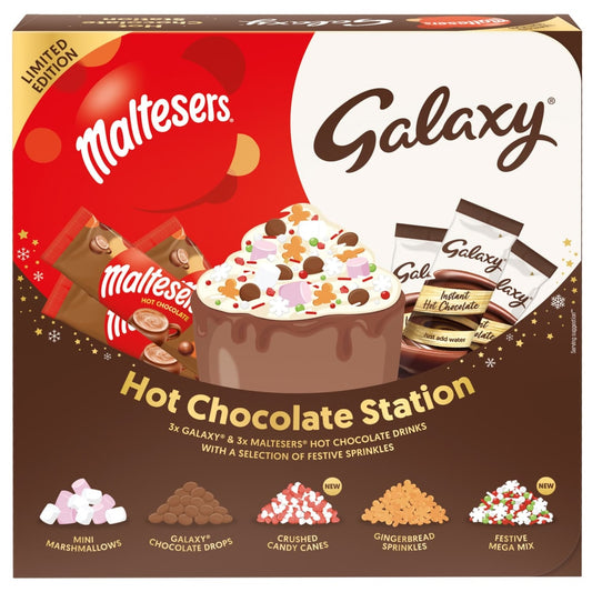 Maltesers and Galaxy Hot Chocolate set with sachets and toppings