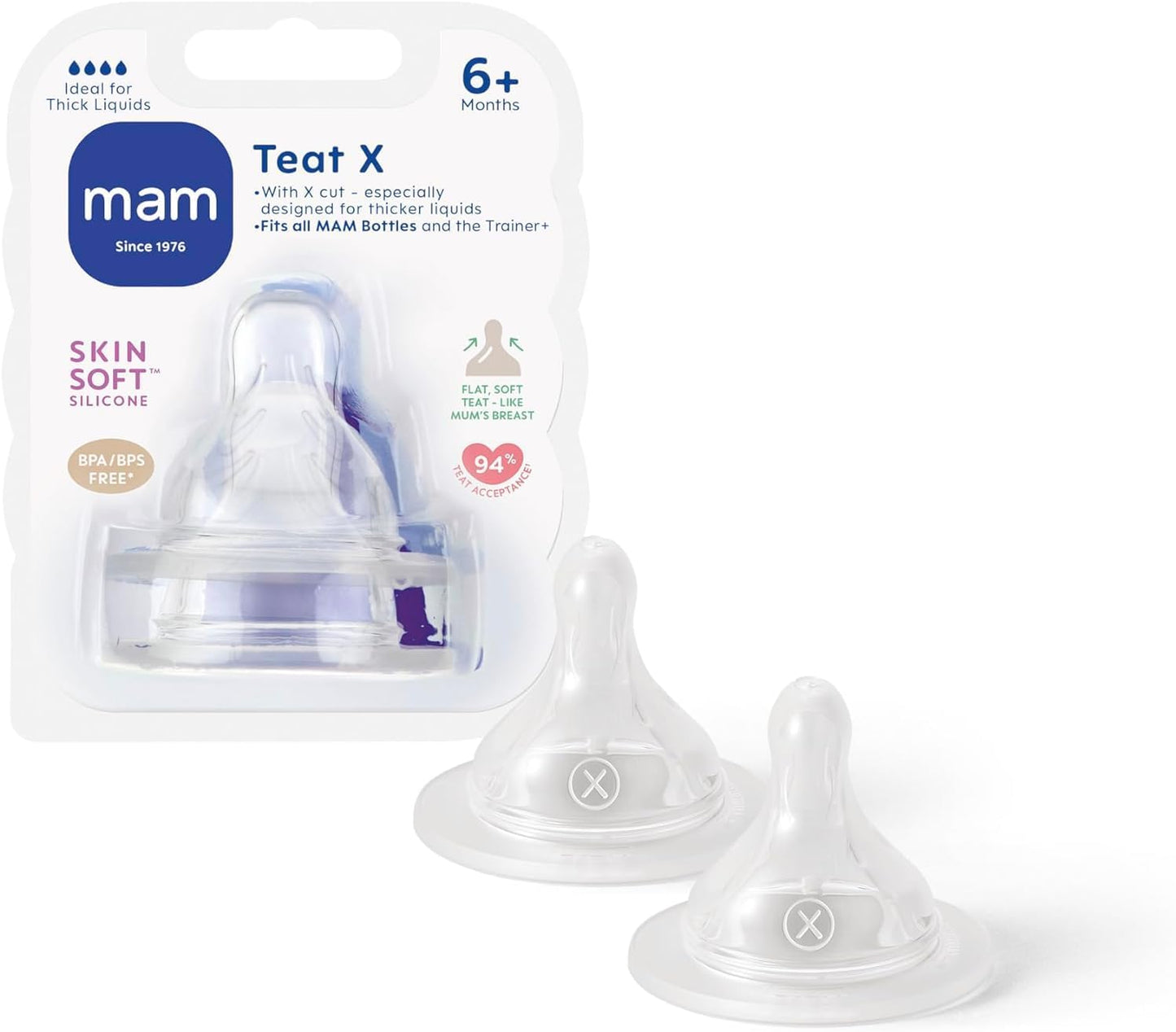 MAM Teats Size X 2 Pack for thicker liquids, suitable from 6 months, fits all MAM bottles