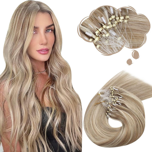 Micro loop hair extensions light brown with platinum blonde