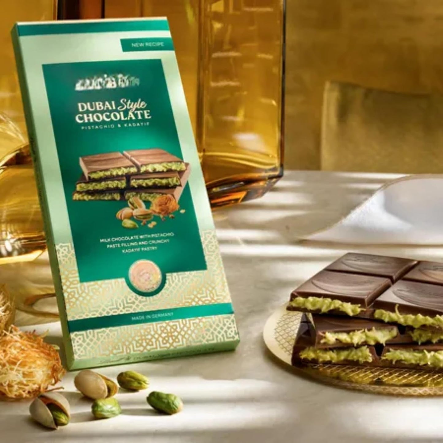 Gift pack of two Middle Eastern Dubai chocolate bars with unique flavors