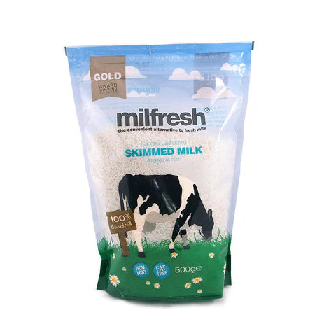 Premium fat-free skimmed milk granules in a 500g bag