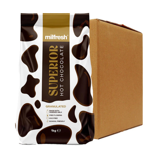 Milfresh Superior Granulated Instant Hot Chocolate 10x1kg case, made with real skimmed milk for vending machines and dispense systems.