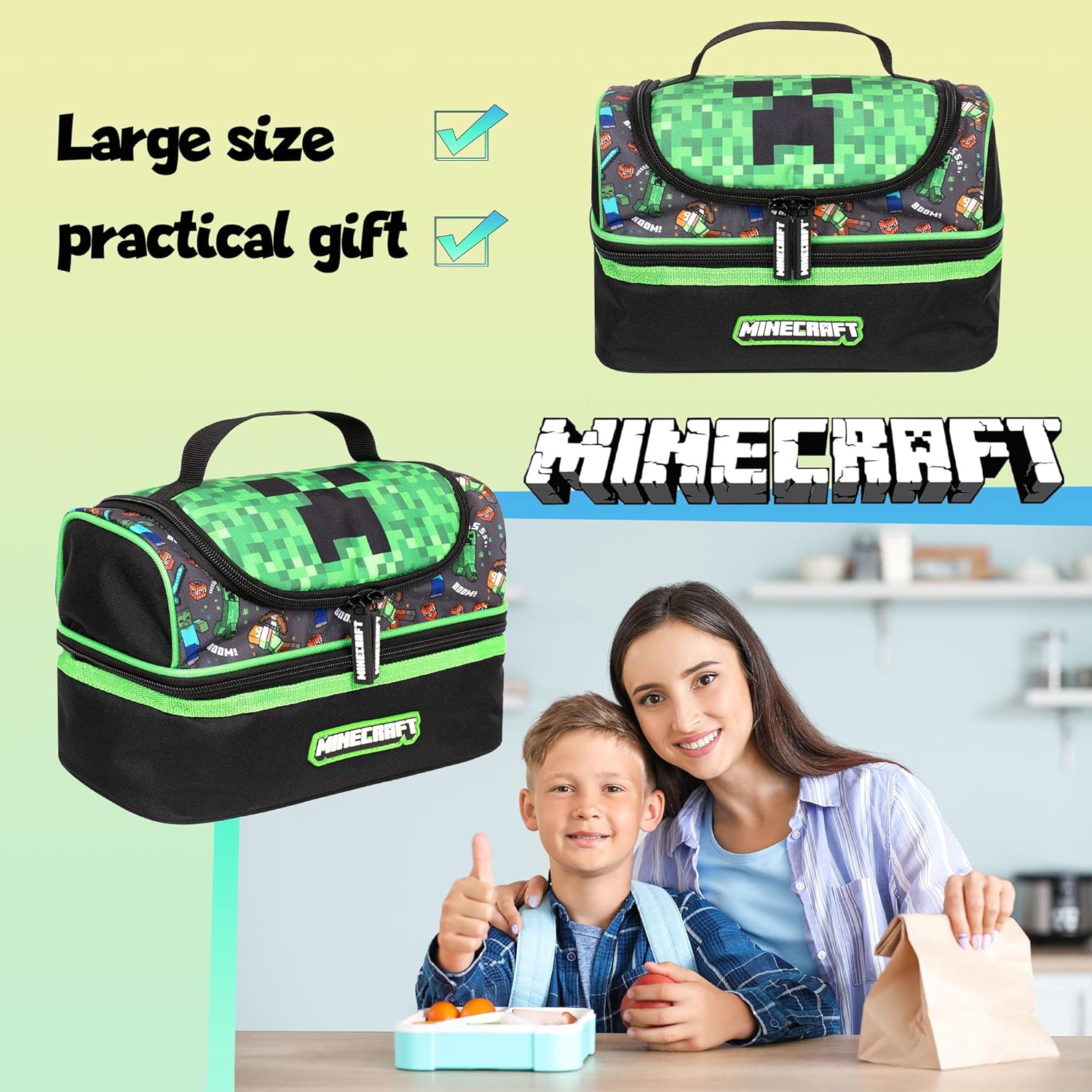 Spacious school lunch bag with Minecraft theme