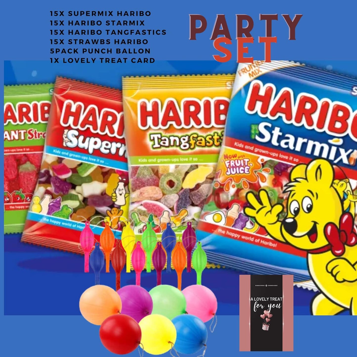 Mini Haribo sweets party box with punch balloons