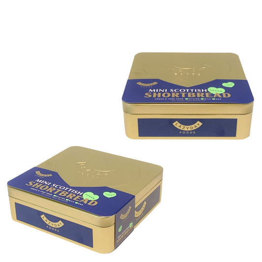 Set of 2 mini shortbread gift tins with buttery, crumbly cookies