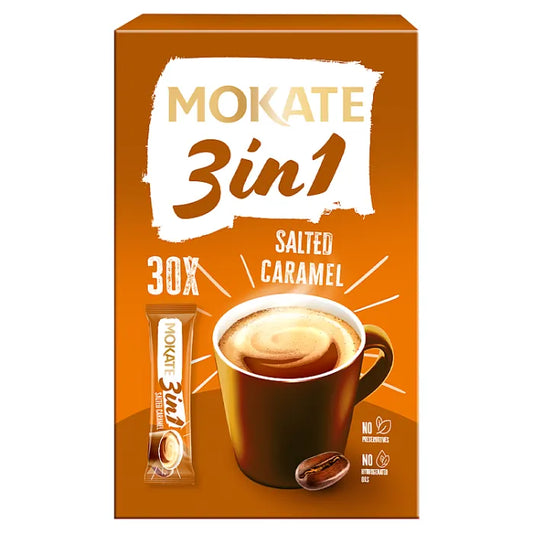 Mokate 3 in 1 Salted Caramel Coffee sachets for instant creamy drinks