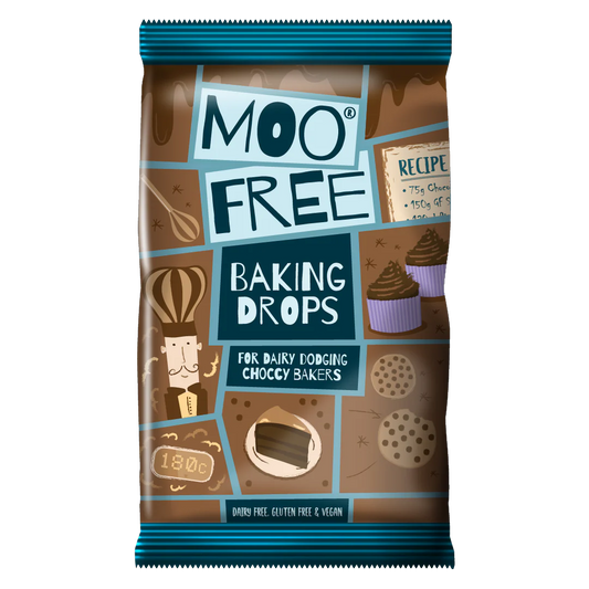 Moo Free vegan milk chocolate baking drops in 10 x 100g packs – dairy-free and gluten-free choc chips