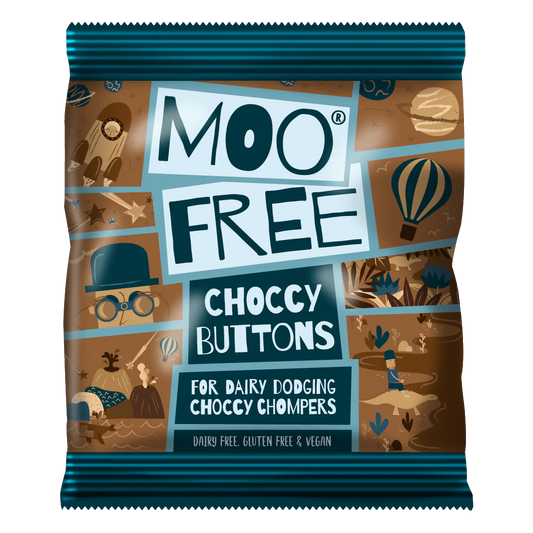 Moo Free vegan 'milk' chocolate buttons in 25x25g snack packs – dairy-free and gluten-free treats