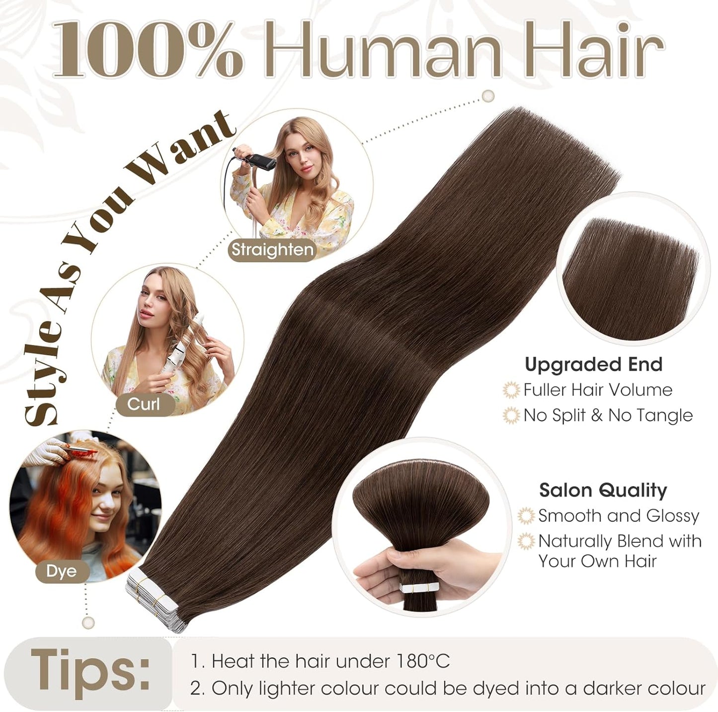 Medium brown human hair extensions tape in set