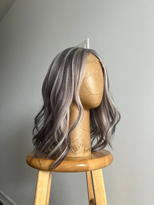 Salt and pepper wig with medium grey balayage front view