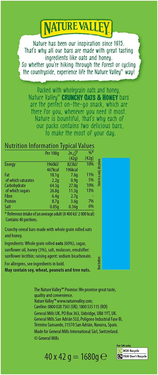 Nature Valley Crunchy Granola Bars Oats 'n' Honey, 40 Bars Pack - Healthy Energy Snack