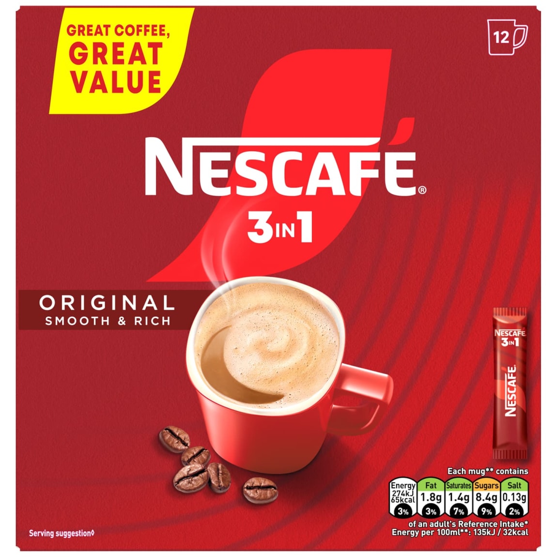 Nescafe 3 in 1 Original Smooth & Rich Coffee 12-pack sachets
