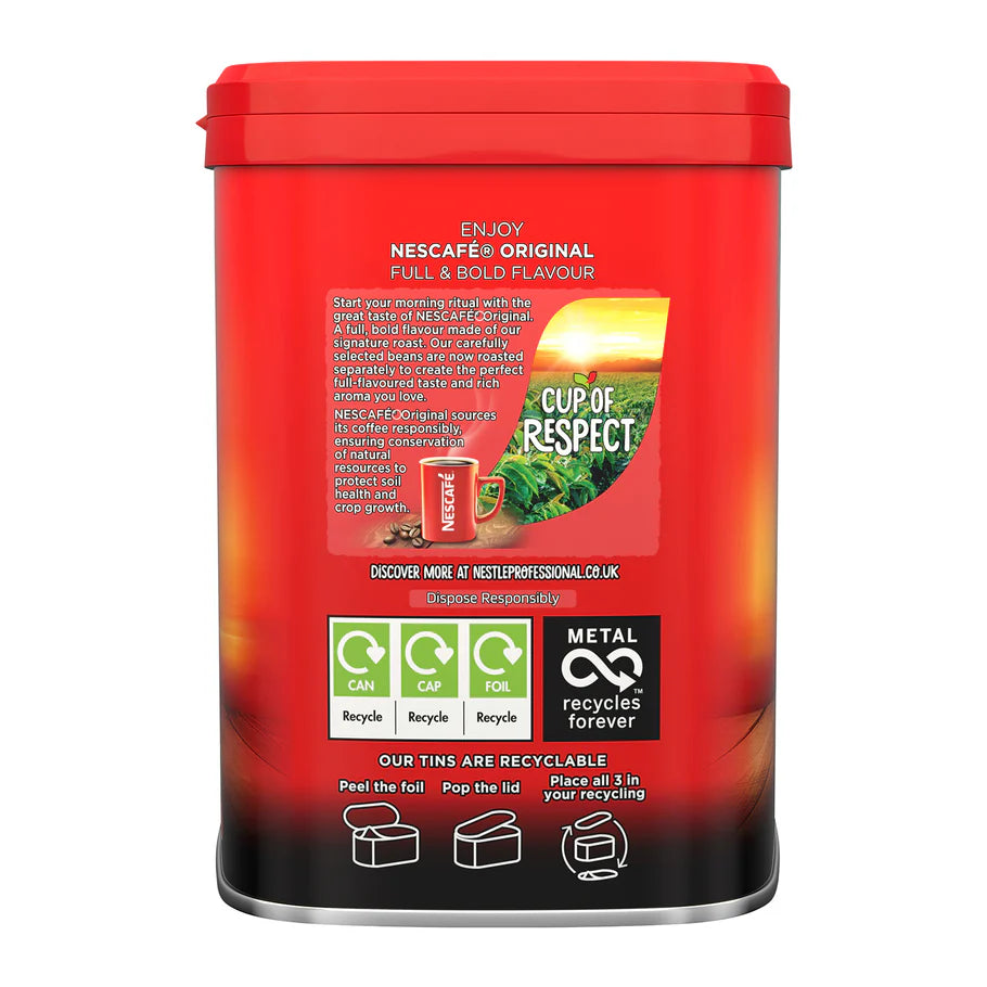 Nescafe Original 500g tin pack for instant coffee
Rich flavour Nescafe Original coffee in a tin
