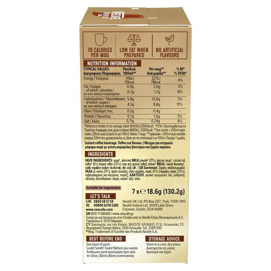 Bulk pack of 42 Nescafe Toffee Nut Latte sachets for home or office