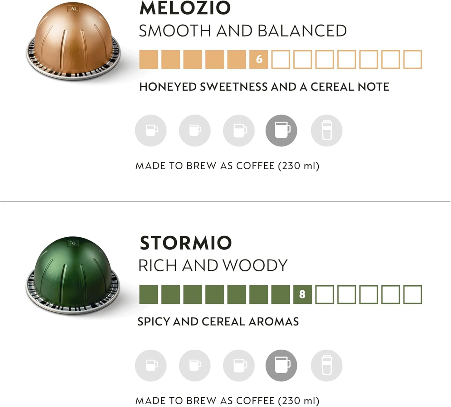 Nespresso Melozio coffee pods and Stormio