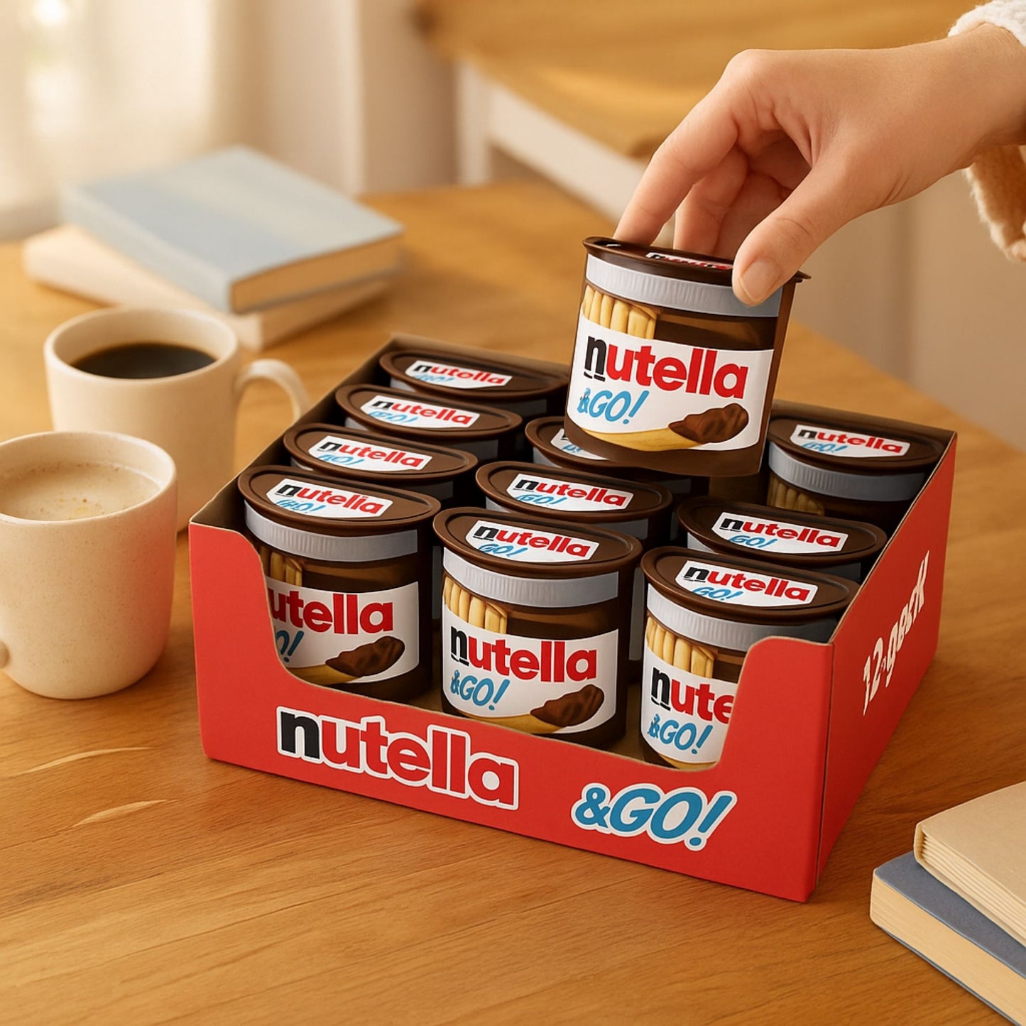 Close-up Nutella & Go creamy hazelnut cocoa spread with crunchy breadsticks