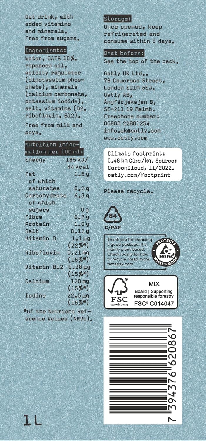 oatly no sugars oat drink 1 litre dairy-free and vegan milk alternative