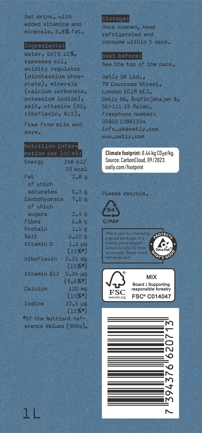 1 litre oatly oat drink plant-based dairy alternative with rich texture
