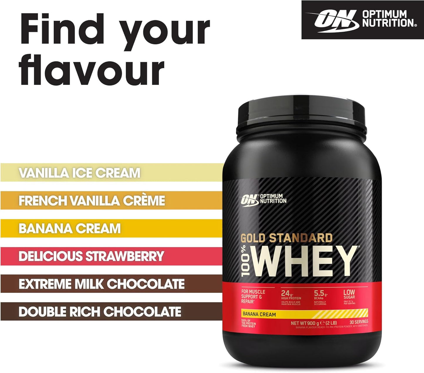 Gold Standard protein powder with delicious banana cream taste