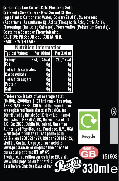 Pepsi Max No Sugar Carbonated Drink Multipack – 330ml Each