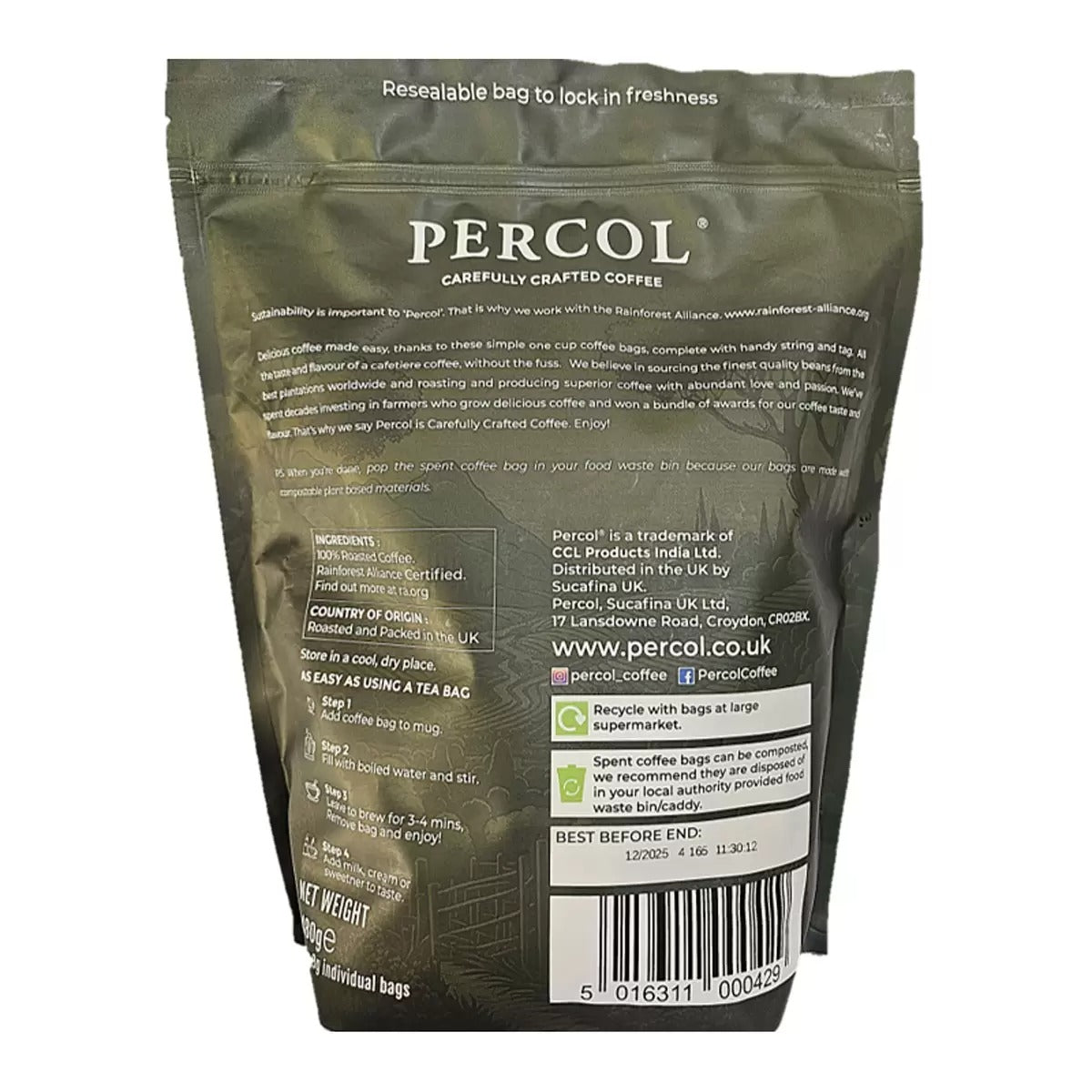 Sustainable Percol Arabica coffee bags medium roast