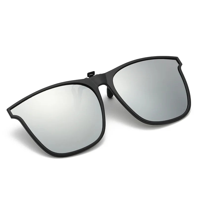 Polarized clip on sunglasses silver mirror lens close up