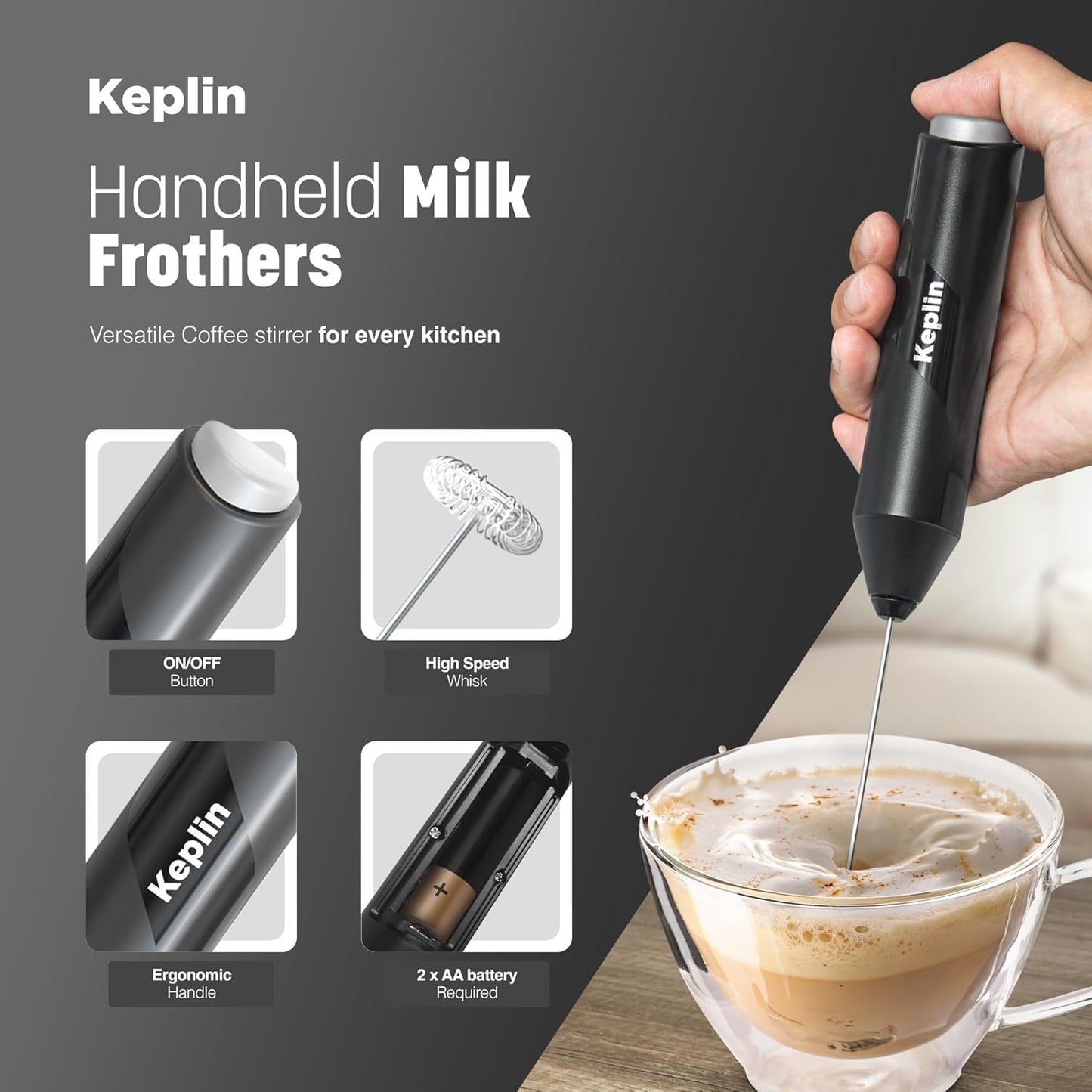 Portable battery-powered coffee frother for home use