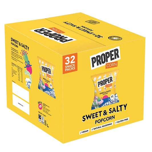 Proper Corn Popcorn sweet and salty mixed case with 32 packs of 14g each