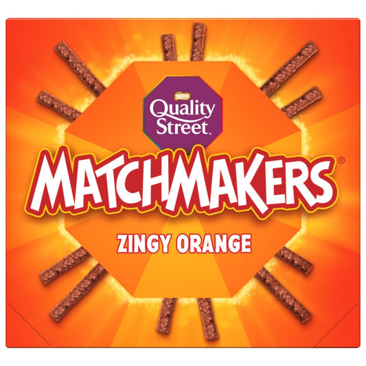Quality Street Matchmakers Zingy Orange chocolate sticks box with festive orange-themed packaging.