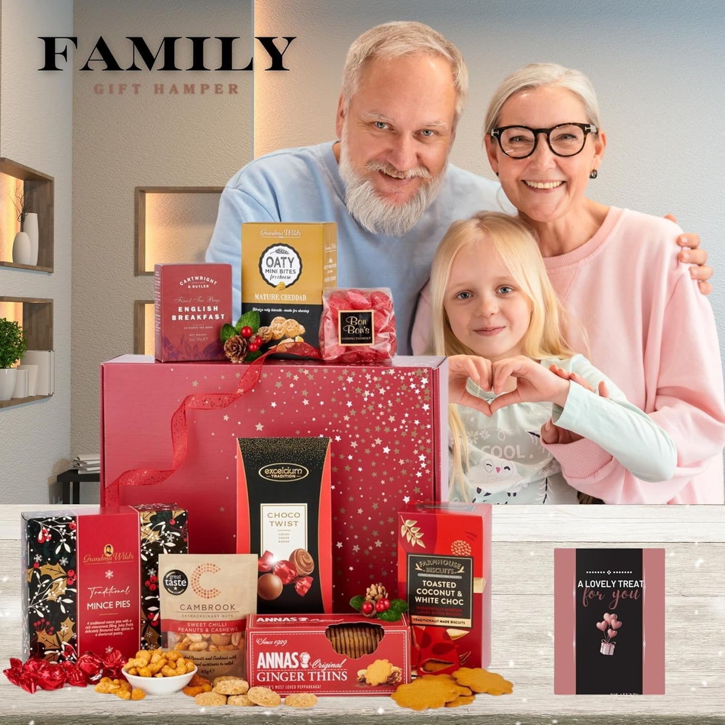 Beautifully packaged non-alcoholic hamper with snacks, nuts, and beverages