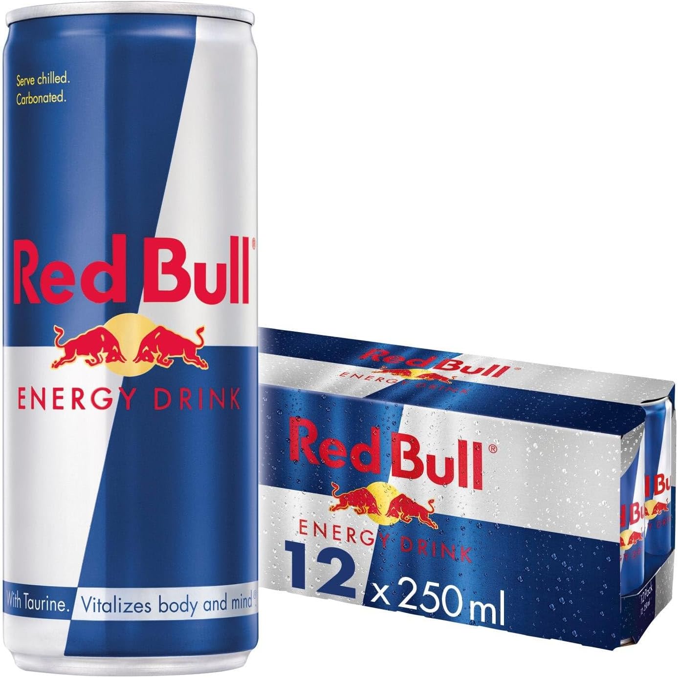 12-pack Red Bull energy drink cans for daily refreshment
