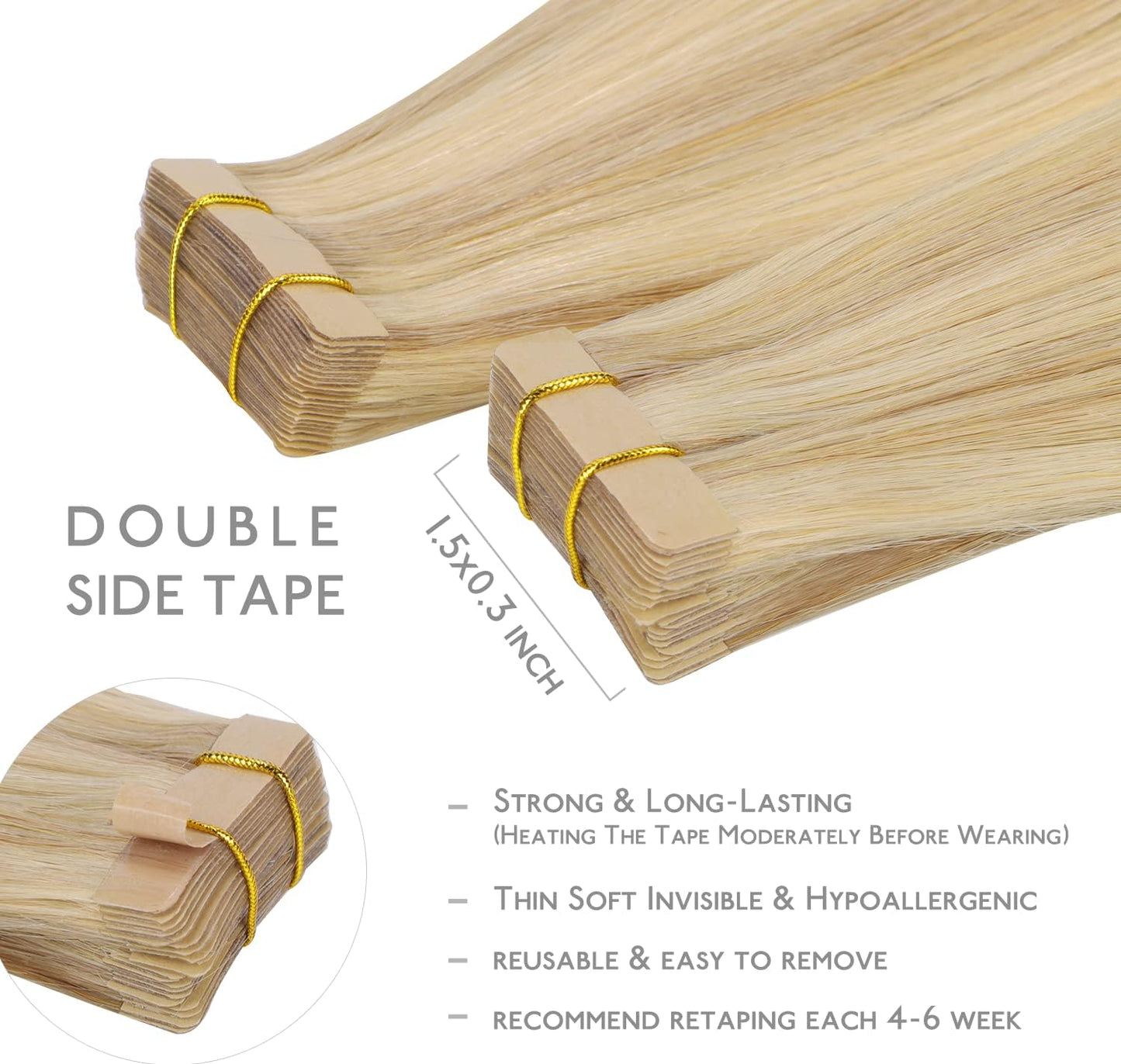 Remy human hair tape extensions in light blonde highlighted colour