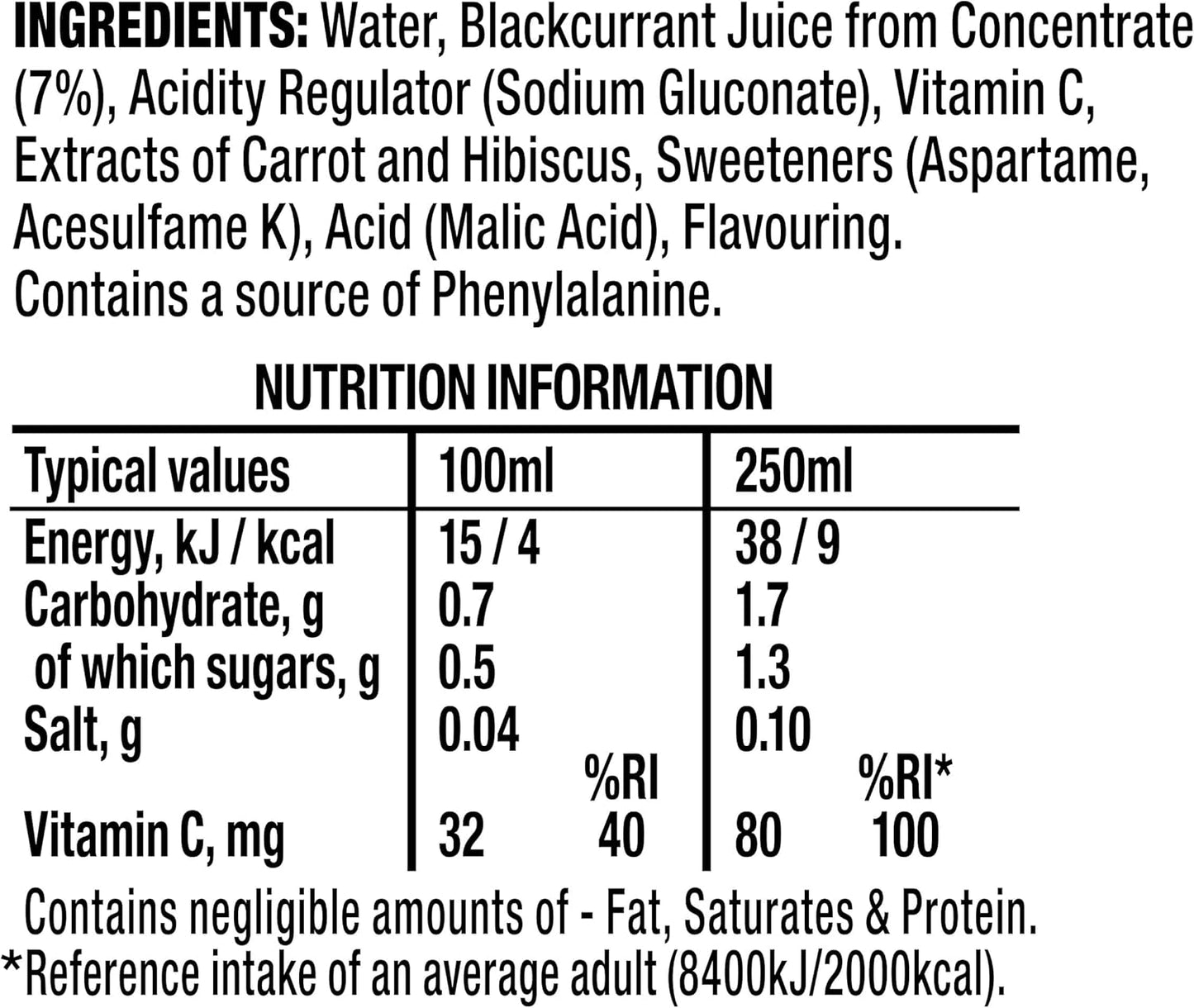 Ribena Blackcurrant Juice Drink offering healthy hydration with no added sugar and Vitamin