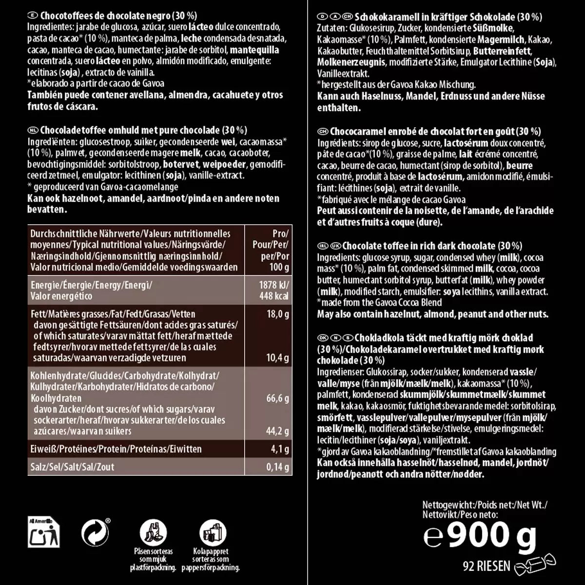 Individually wrapped Riesen dark chocolate toffees made with Gavoa cacao