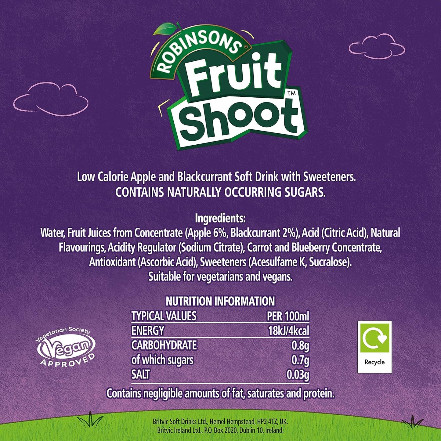 Side view of Robinsons Fruit Shoot Apple & Blackcurrant multipack