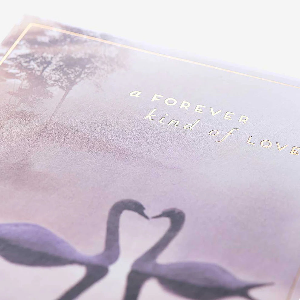 Romantic swan-themed anniversary card with blank inside for personal messages, ideal for weddings and love celebration