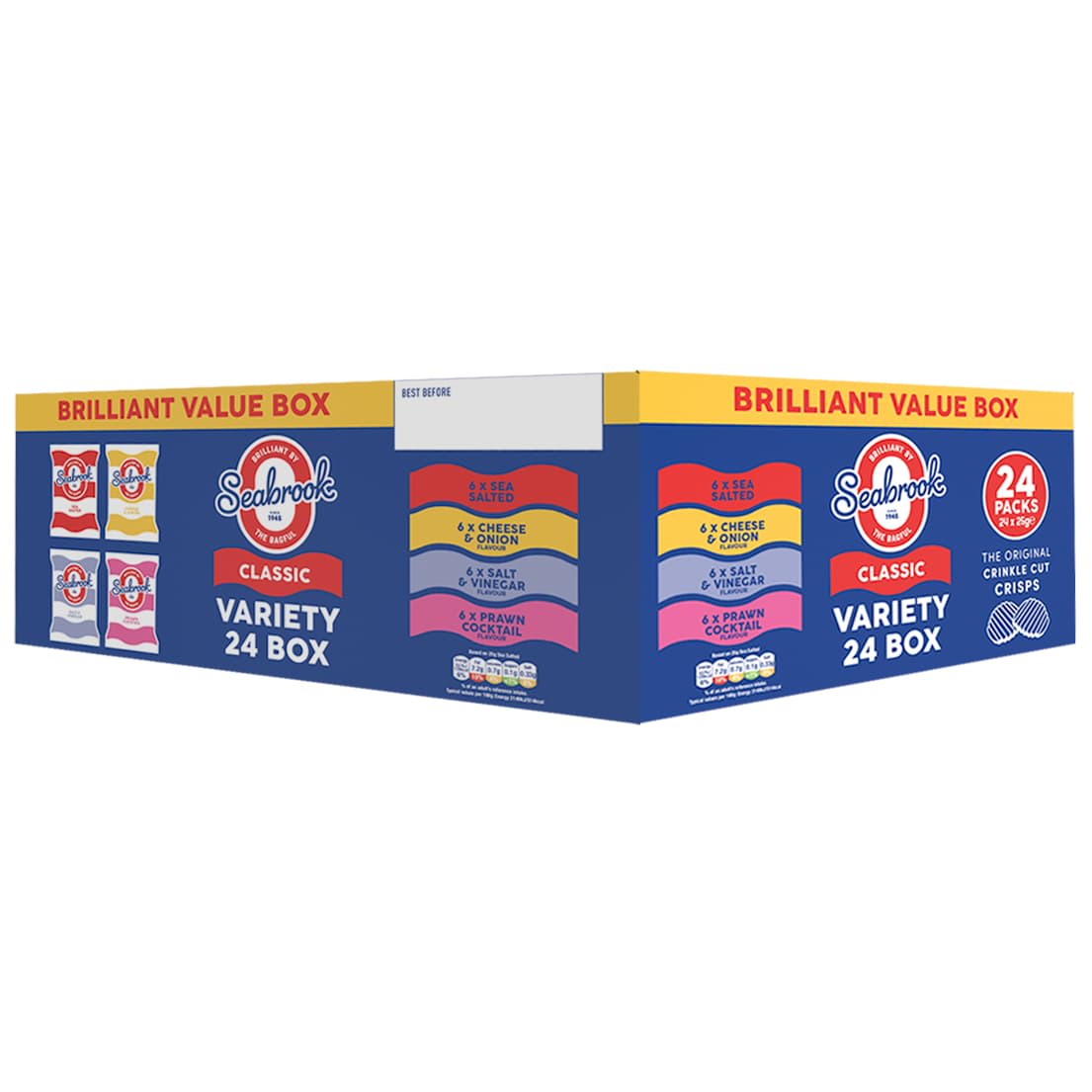 Seabrook crinkle cut crisps in Sea Salted, Cheese & Onion, Salt & Vinegar and Prawn Cocktail