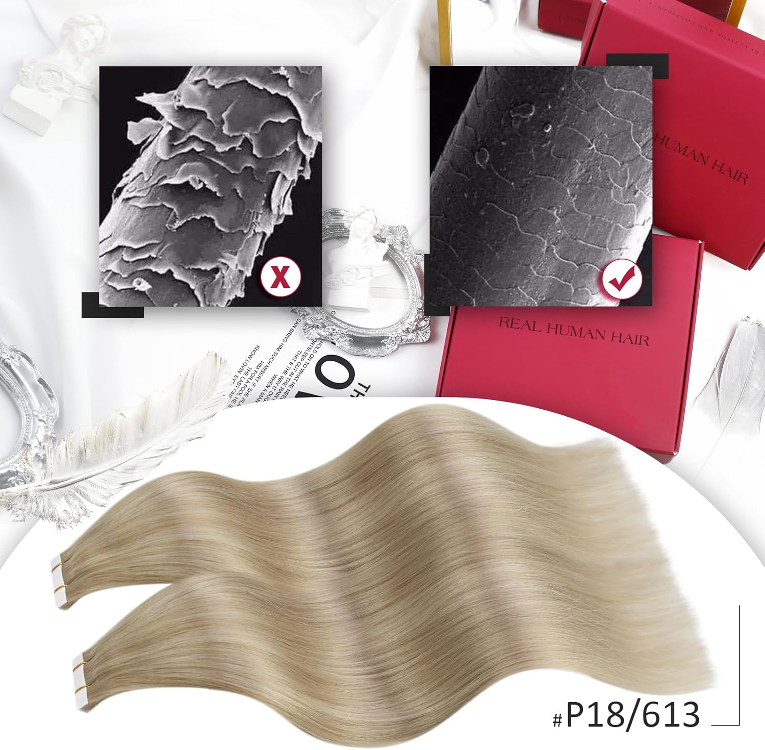 Seamless tape hair extensions with natural P18/613 colour blend
