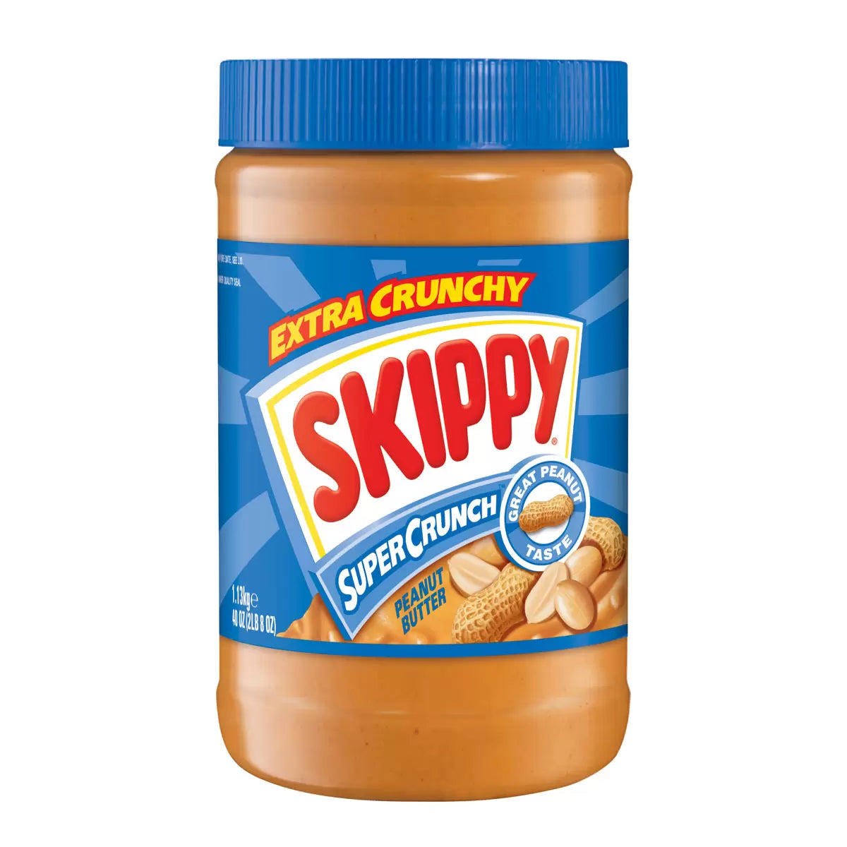 Extra crunchy Skippy peanut butter in 1.13kg jar with visible peanut pieces